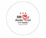 A circular white graphic featuring the Double FISH ITTF PAR40+ logo with red stars, a red fish, and black and red text reading 'Double FISH', 'ITTF PAR40+', and 'MADE IN CHINA'.