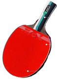 Red ping pong paddle with a black handle on a white background