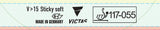 A close-up of a Victas V>15 Sticky soft adhesive strip showing product details, including the Victas logo, 'MADE IN GERMANY', and a certification mark 'ITF 117-055' on a pale green background.