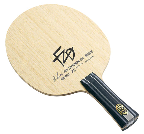 Table tennis paddle with wooden blade and black handle on a white background