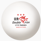 A white ITTF table tennis ball featuring a red Double Fish logo and text including 'ITTF PAR40+' and 'MADE IN CHINA' on a plain white background.
