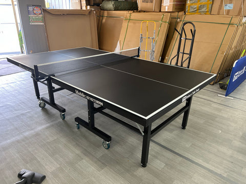 18mm Black top table Tennis Table with Black Legs, fold up playback, big wheels 4 bats 6 balls and a great net