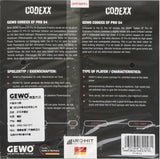 The back of a Gewo Codexx EF Pro 54 electric guitar pedal, sealed in its original plastic retail packaging. The black face features white text, a white specification sticker, and a white Arch-Hit brand sticker at the bottom.