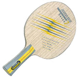A D3NIC Basistar Seven table tennis paddle shown at an angle on a dark, textured background. The paddle features a light wood grain face with yellow and gray graphic accents and a gray handle wrapped with yellow and gray stripes.