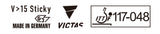 White background with black printed text and logos, including 'V>15 Sticky', 'VICTAS', 'MADE IN GERMANY', and an ITTF mark with '117-048'.