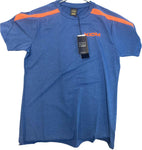 Blue t-shirt with orange accents and a tag on a white background