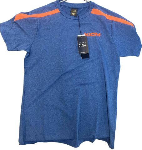 Blue t-shirt with orange accents and a tag on a white background