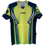 Yellow and blue sports jersey with 'Xiom' branding on a white background
