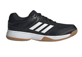 Black athletic shoe with white stripes on a white background