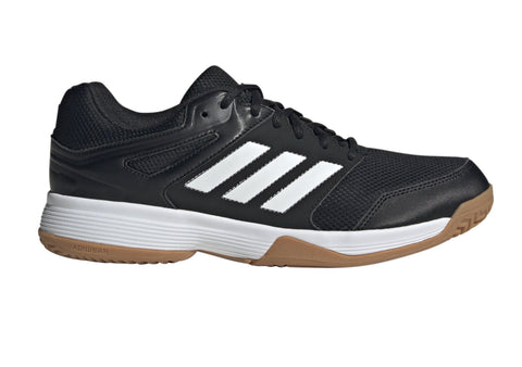 Black athletic shoe with white stripes on a white background