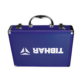 A blue textured aluminum carrying case with silver metal latches and handle, featuring the white TIBHAR brand name and logo on the lid, set against a plain white background.