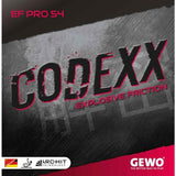 Product packaging for Gewo EF Pro S4 CodeXX Explosive Friction table tennis rubber, featuring a dark textured background with bold black and red lettering and logos for Gewo, Arch-Hit Technology, and UCP.